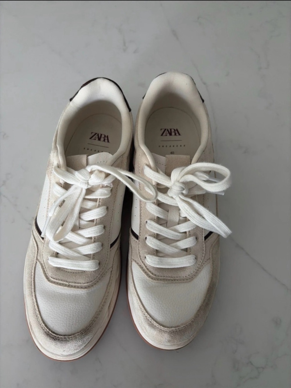 ZARA White and Beige Low-Top Lace-Up Sneakers